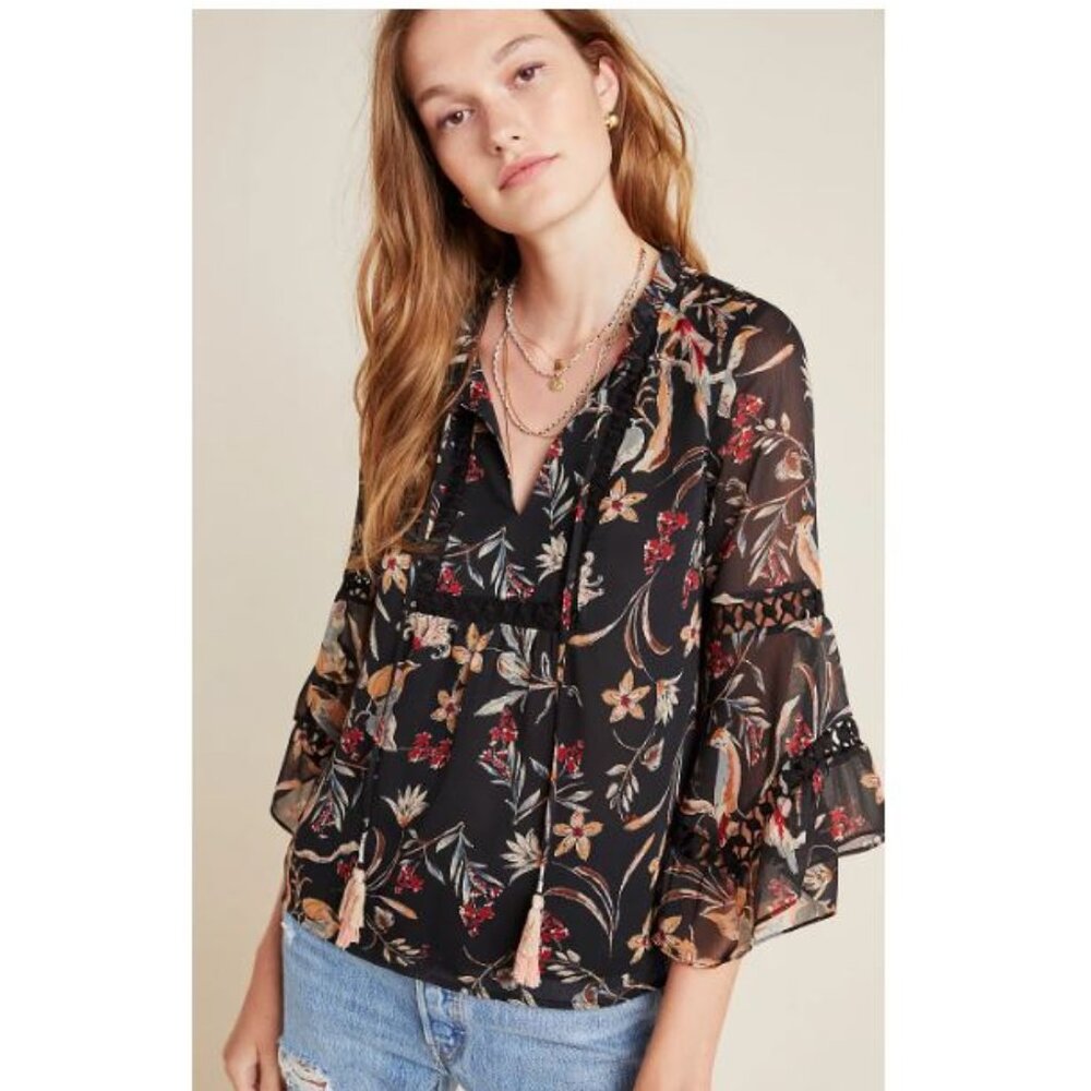 Maeve Odette Floral Peasant Blouse in black motif from Anthropologie – Size XS